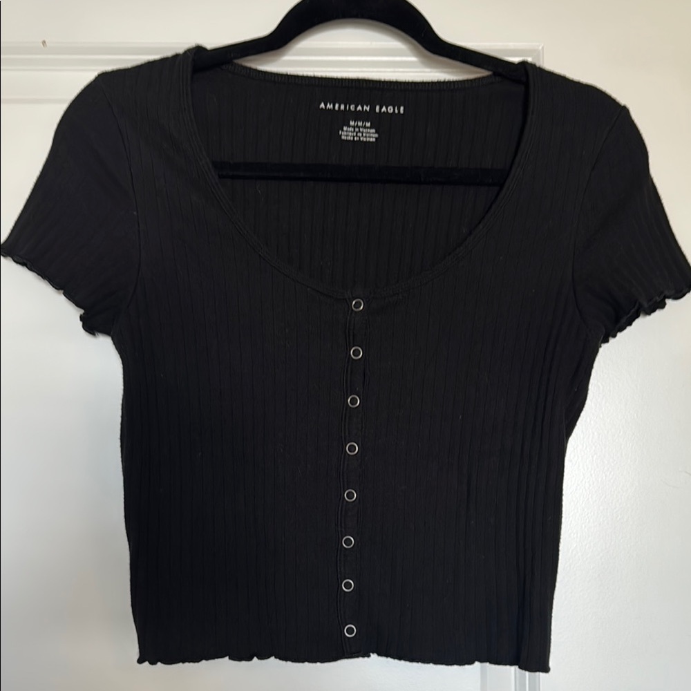 American Eagle Outfitters Black Ribbed Button-Down Top